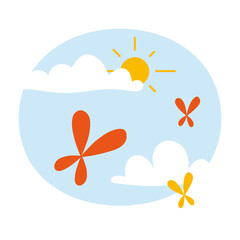 Flying butterfly on the sky over the cloud, cartoon style. Trendy modern vector illustration