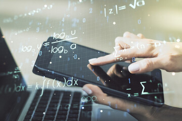 Double exposure of creative scientific formula concept with finger clicks on a digital tablet on background, research and development concept