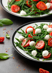 Fresh Samphire salad with cherry tomatoes and mozzarella. Healthy food.