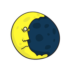 sad moon in space - isolated on a white background illustration in cartoon comic