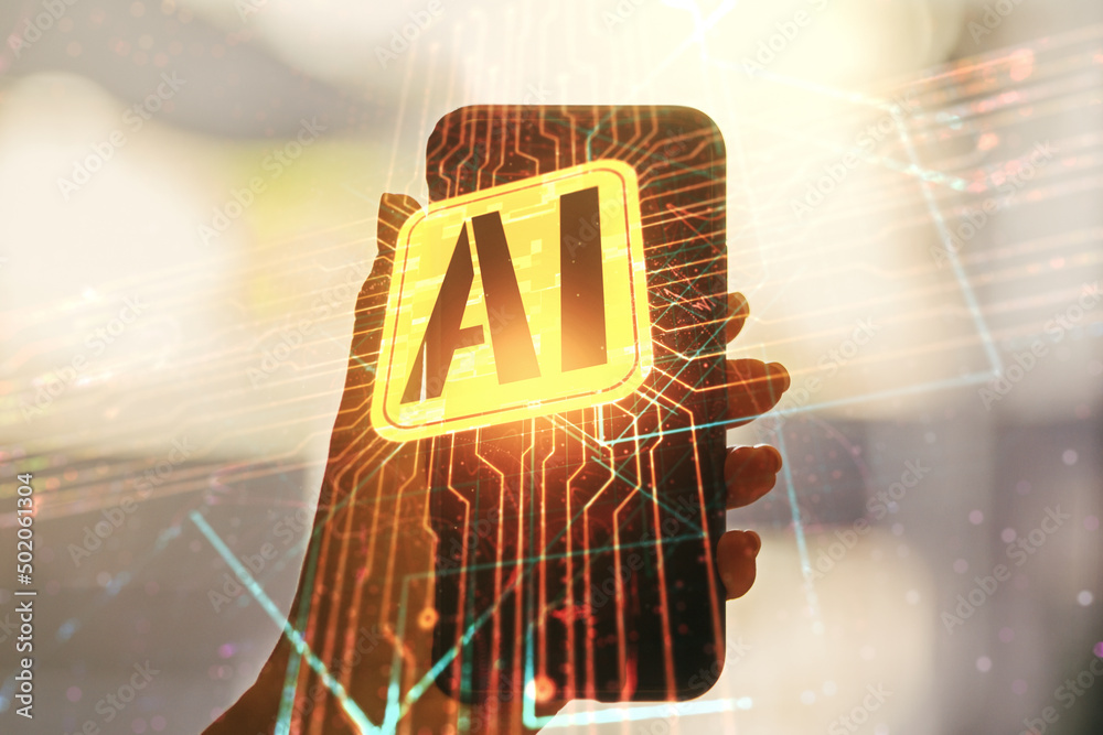 Poster double exposure of creative artificial intelligence icon and hand with cell phone on background. neu