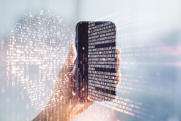 Creative code skull sketch and hand with cellphone on background, theft of personal data and malware concept. Multiexposure