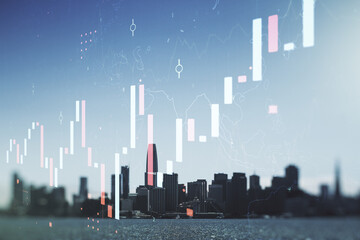 Fototapeta na wymiar Multi exposure of virtual abstract financial diagram on San Francisco office buildings background, banking and accounting concept