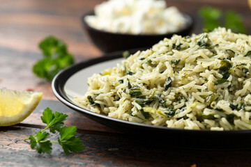 Spanakorizo, greek spinach rice. Healthy vegetarian food.