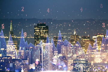 Double exposure of abstract creative statistics data hologram on San Francisco office buildings background, analytics and forecasting concept