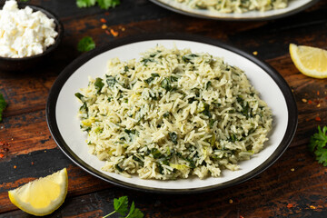 Spanakorizo, greek spinach rice. Healthy vegetarian food.