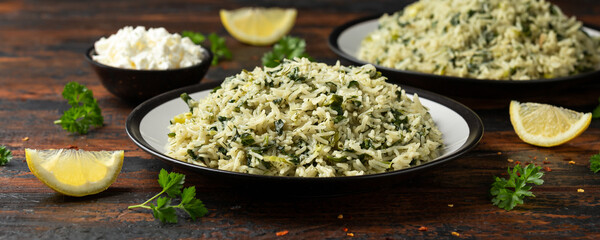 Spanakorizo, greek spinach rice. Healthy vegetarian food.