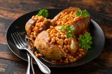 Jacket Baked potato with tomato beans. Traditional British food