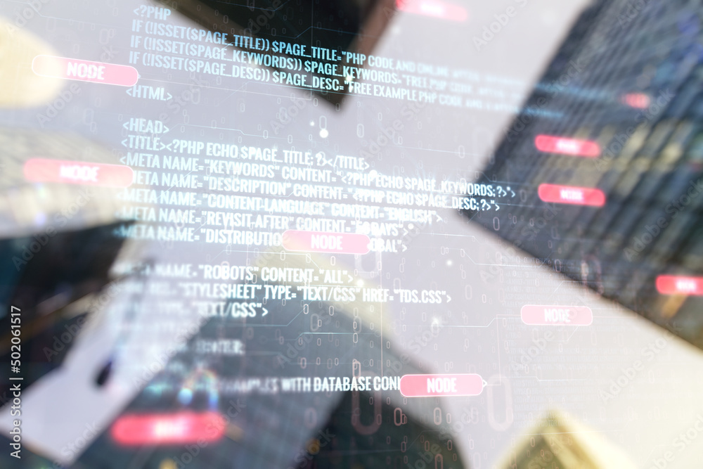 Poster multi exposure of abstract programming language hologram on blurry cityscape background, artificial 