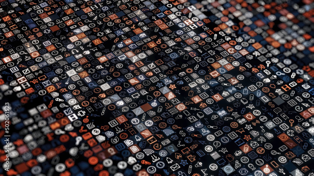 Poster abstract small edless cells with different icons background, seamless loop. animation. digital scren