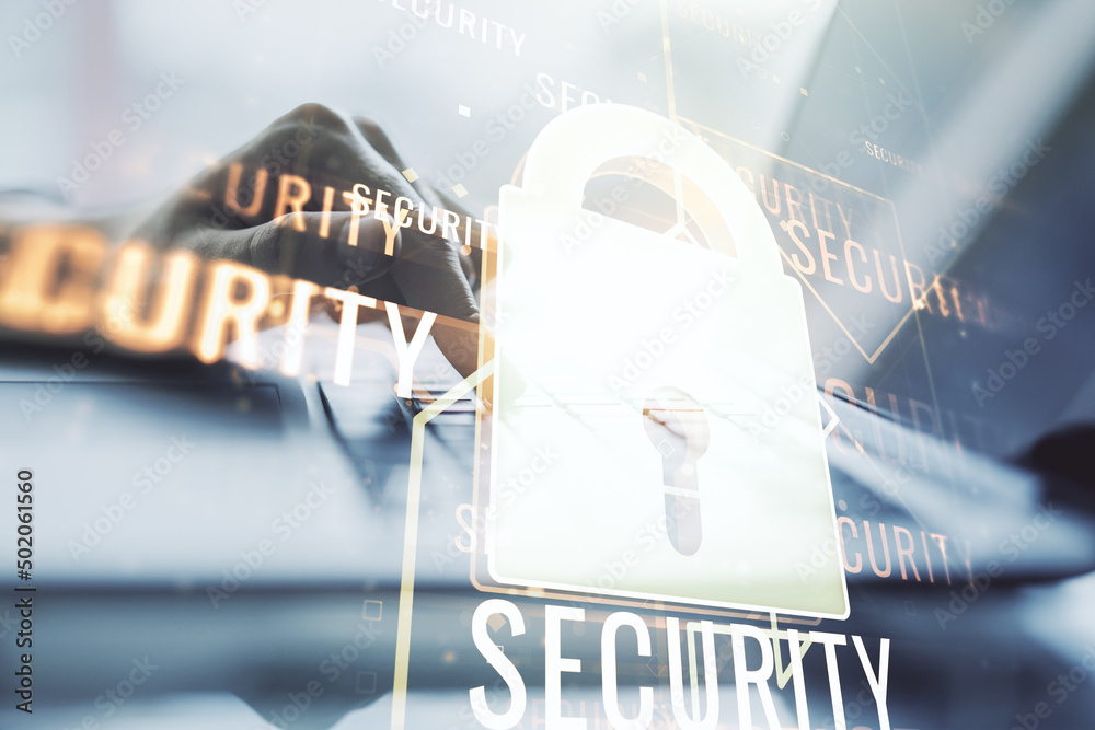 Poster creative lock illustration with microcircuit and hands typing on computer keyboard on background, cy