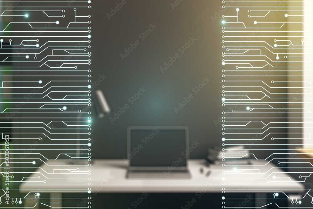 Poster creative abstract micro circuit sketch and modern desk with computer on background, future technolog