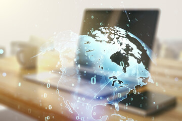 Multi exposure of abstract graphic coding sketch with world map and modern desktop with pc on background, big data and networking concept