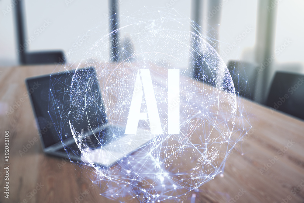 Aufkleber Creative artificial Intelligence symbol concept with modern computer on background. Double exposure