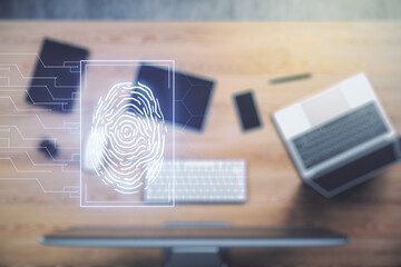 Multi exposure of abstract creative fingerprint illustration on modern laptop background, digital access concept