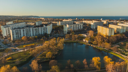 Żabianka district of Gdańsk and typical blocks of flats. The Baltic Sea in the background.

