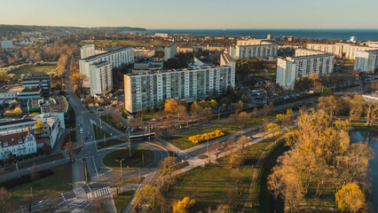 Żabianka district of Gdańsk and typical blocks of flats. The Baltic Sea in the background.

