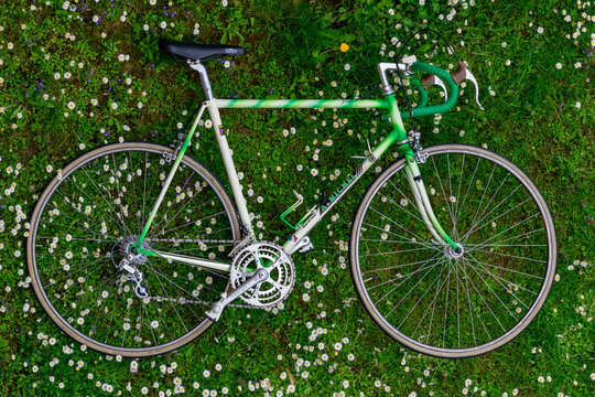 enns, austria 01 may 2022, vintage alain michel road bike lying in a spring meadow