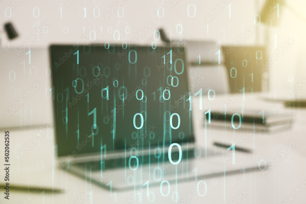 Poster creative abstract binary code hologram on modern computer background, ai and machine learning concep