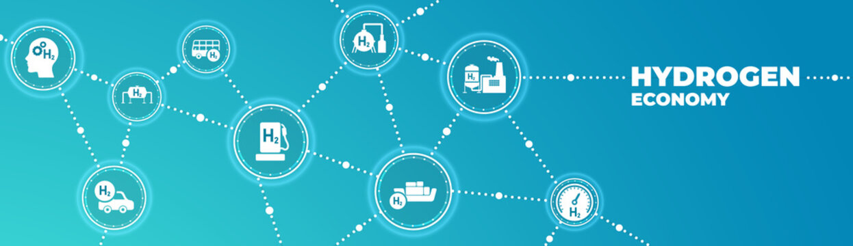 Hydrogen Economy Vector Illustration. Concept With Connected Icons Related To Hydrogen Use As Fuel, In Industrial Processes, Hydrogen Storage And Transport