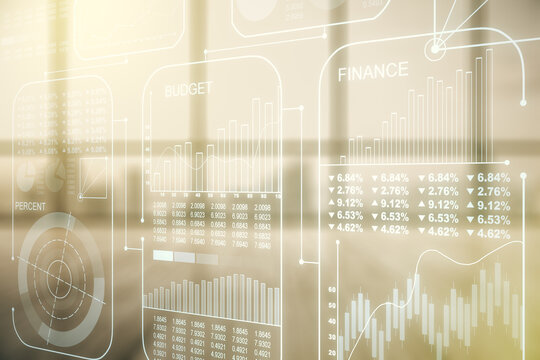 Multi exposure of abstract statistics data hologram interface on abstract empty interior background, computing and analytics concept