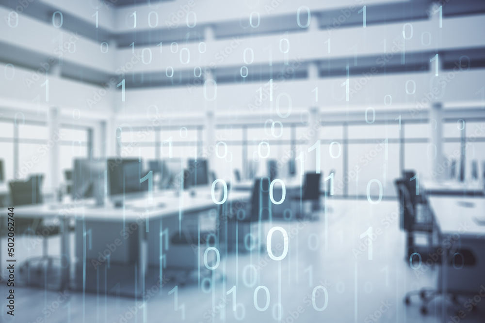 Leinwandbilder abstract virtual binary code illustration on a modern furnished office background. big data and codi