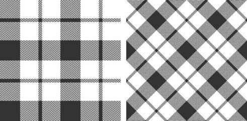 Black and white seamless plaid pattern background set.