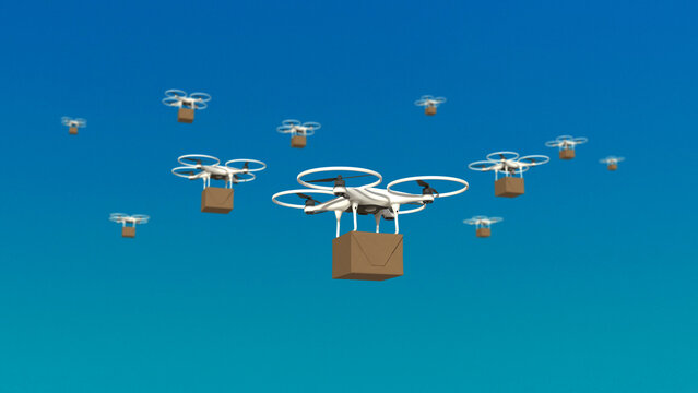 Several white drones fly in the blue sky. propeller-driven drones deliver packages. The future of e-commerce. 3D rendered.