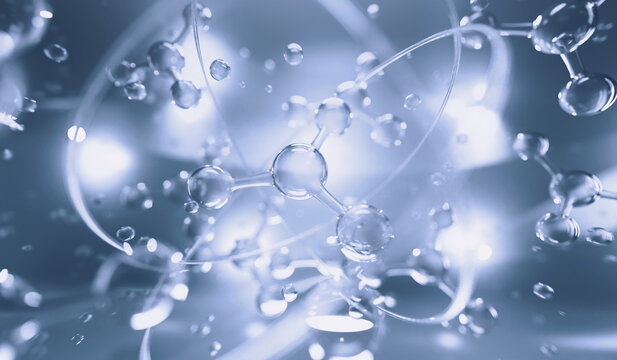 Realistic molecules background. Science illustration of a cream molecule. Hyaluronic acid skin solutions advertising, collagen serum drop with cosmetic advertising background. 3d rendering.
