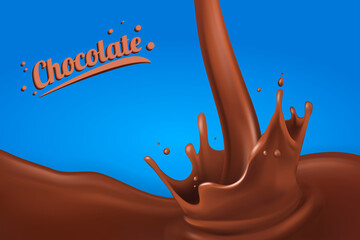 Chocolate splash 3D.Abstract realistic milk drop with splashes isolated on blue background.element for advertising, package design. vector