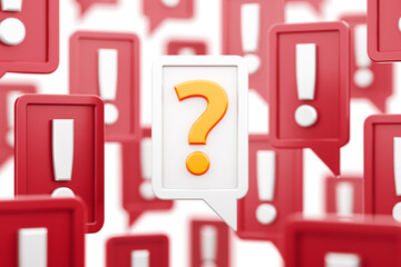 Still Have a Question. A question mark that is enclosed within a speech frame, surrounded by numerous exclamation marks, all of which are also inside speech frames. 3D-rendered graphic Illustration.