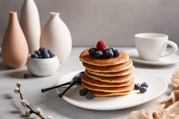 Pancakes sur une assiette couvert des fruits: framboise, myrtille