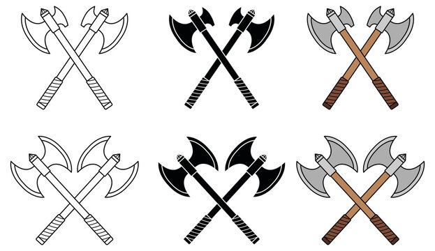 Crossed Battle War Axe Icon Clipart Set - Outline, Silhouette and Color