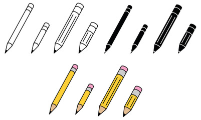 School Pencil Tall and Short Clipart Set - Outline, Silhouette, Color