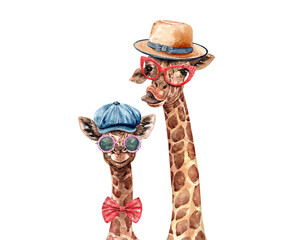 Watercolor Giraffe with sunglasses bow tie and hat. South Africa animal. Giraffe paint for Baby shower clipping path isolated on white background.