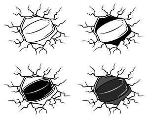 Hockey Puck breaking through a wall Clipart Set - Outline, Silhouette and Color	