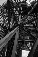 interior of an interlocking steel and iron girder structure