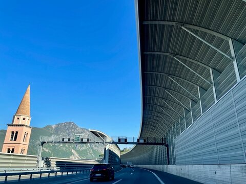 Bissone, Switzerland, 19.04.2022. Swiss highway with noise barrier.