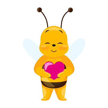 Cute bee holding a heart in his hands isolated on white background. Smiling cartoon character loving.