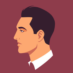 Portrait of brunet man. Head of man in profile. Avatar of stylish businessman for social networks. Abstract male portrait, face side view. Stock vector illustration in flat style.