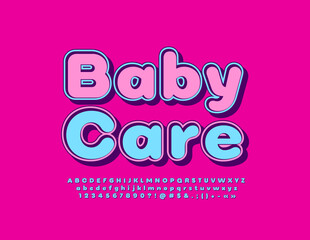 Vector cute sign Baby Care. Lovely Alphabet Letters, Numbers and Symbols. Pink and Blue stylish Font