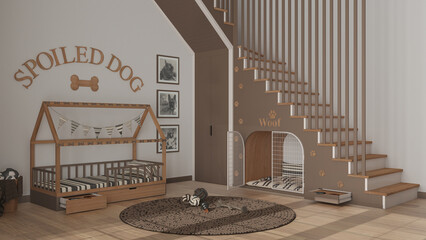 Dog room interior design, cozy space devoted to pets in taupe and wooden tones. Staircase decorated with prints, kennel with gate, dog bed with pillows, carpet with toys and balls