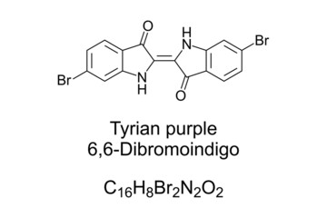 Tyrian purple, 6,6-Dibromoindigo, chemical formula and structure. Also Phoenician red, royal purple, or imperial dye. Reddish-purple natural dye, and secretion of Murex snails, used in ancient times.