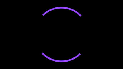Abstract two bow shaped neon lines moving in a circle one by one on black background, seamless loop. Animation. Purple stripes rotating and forming a circle.