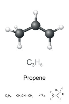 Propene, also propylene, ball-and-stick model, molecular and chemical formula. Hydrocarbon. Second simplest alkene, and second most important starting product in petrochemical industry after ethylene.