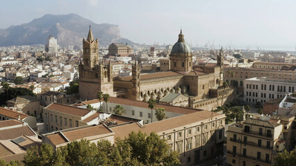 Fototapeta premium View over the small historic city of Segovia in central Spain. Action. Aerial top view of the Old city and Cathedral in a sunny summer day.