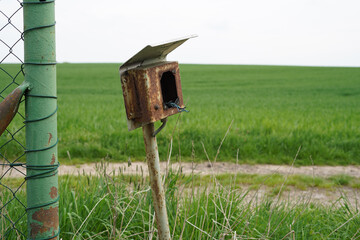 Detail of a rusty sheet metal cabinet. It's empty, damaged. In the background we see a grass field.