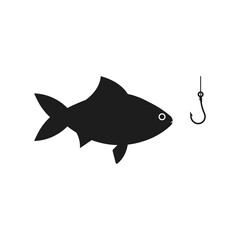 Fish with fishing hook icon. Vector.