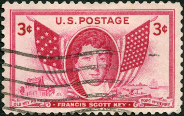 USA - 1948: shows Francis Scott Key (1779-1843), Old Key Home Fort McHenry, American Flags of 1814 and 1948, Maryland lawyer and author of The Star Spangled Banner 1813, 1948 - obrazy, fototapety, plakaty