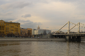 Spring Moscow - Frunzenskaya embankment and Crimean bridge with adjacent buildings.
